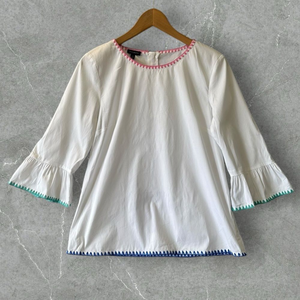 Talbots White Blouse with Multicolor Trim